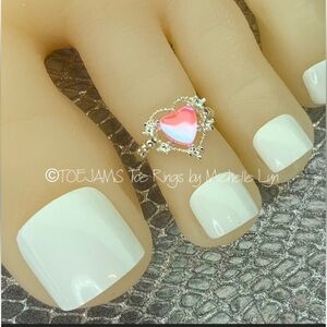 TOE RING HEART Silver/Light Coral Iridescent Heart Charm Stretch Elastic…